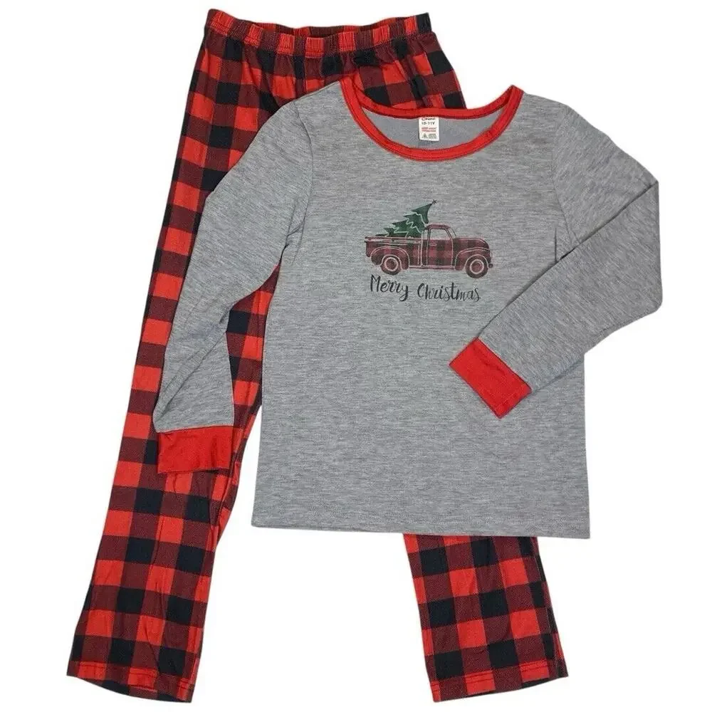 Christmas Pajamas Kids 10/11 Antique Truck Buffalo Plaid Holidaycore Matching PJ